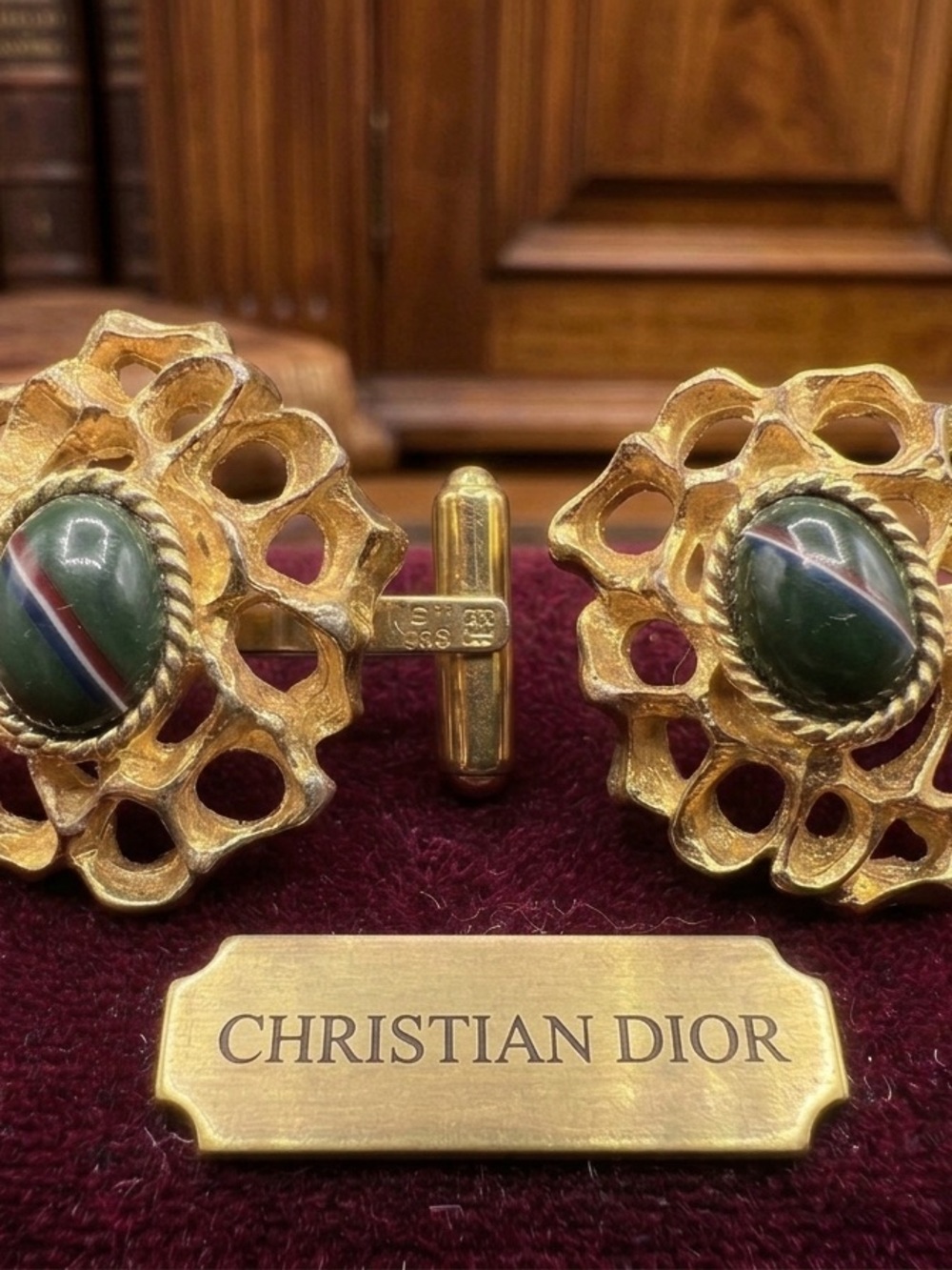 Vintage Christian Dior Gold Nugget Green Cabochon Cufflinks 1970s Signed